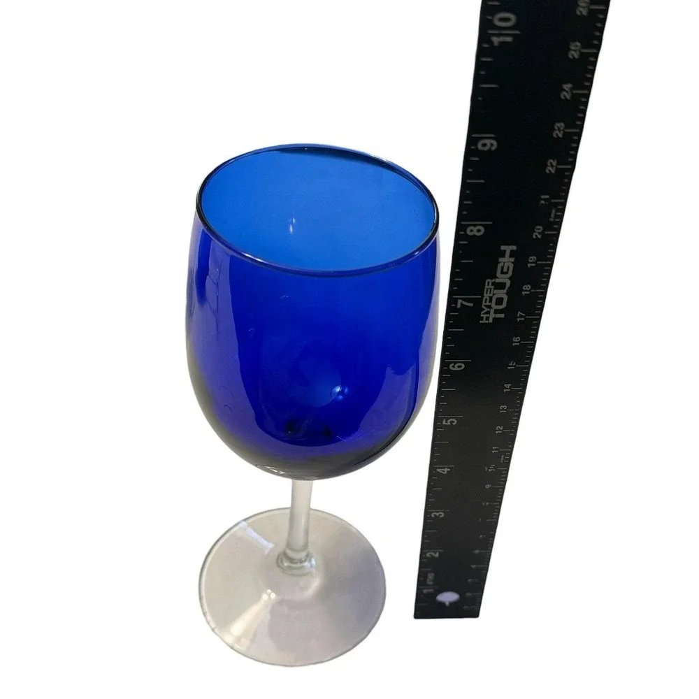 Vintage Cobalt Blue Wine Glasses Set of 4 Clear Stem Goblets Retro Barware
